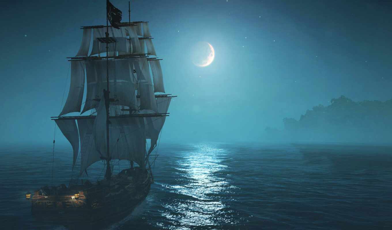 ship, night, moon, sea
