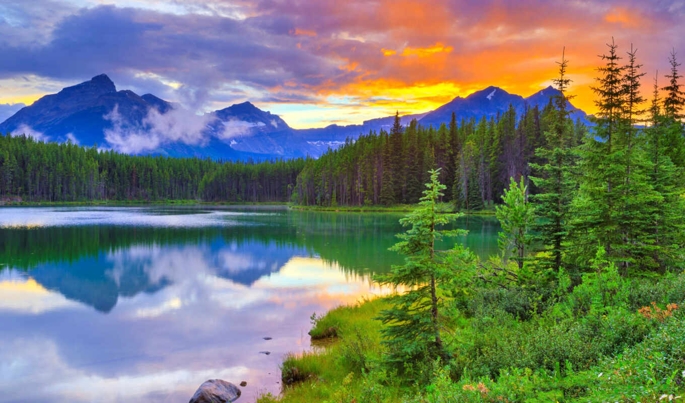 lake, nature, sunset, mountain, Canada, alberta, park, national, clouds, banff, herb