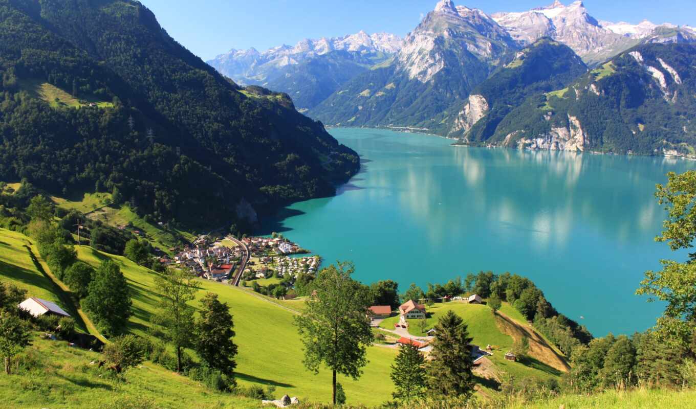 озеро, природа, дома, трава, снег, landscape, swiss, луга, швейцария, горы, sisikon