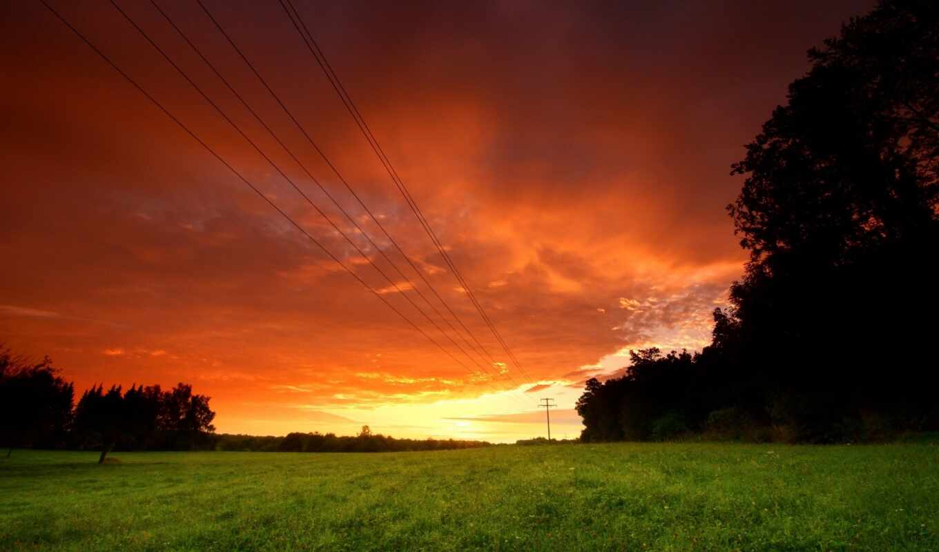 sky, desktop, field, evening, images, wires, fall