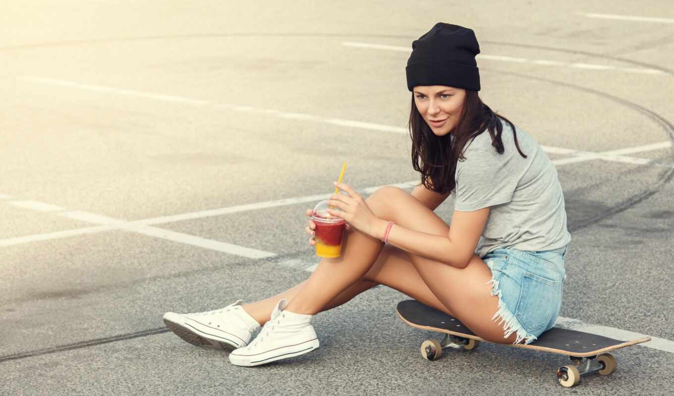 girl, glass, drawing, pants, asphalt, cocktail, a cap, leg, skateboard