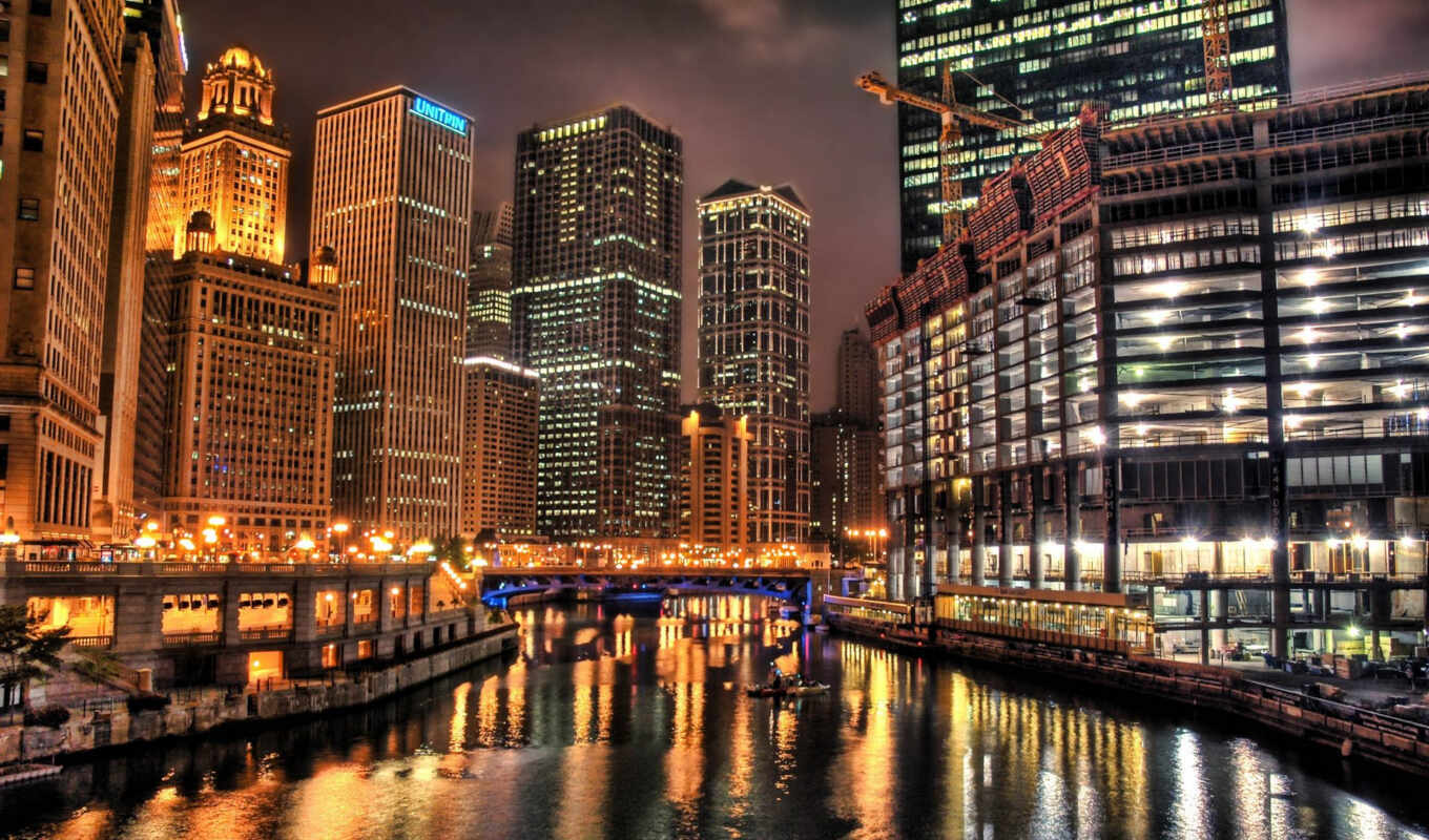 background, city, night, lights, skyscraper, chicago, riverwalk
