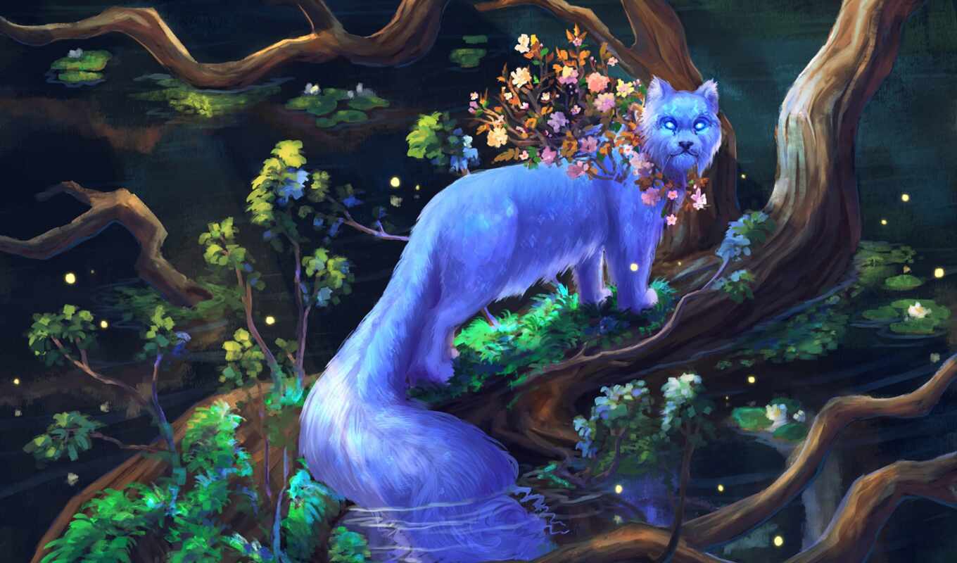art, blue, jungle, кот, wild, animal, fantasy
