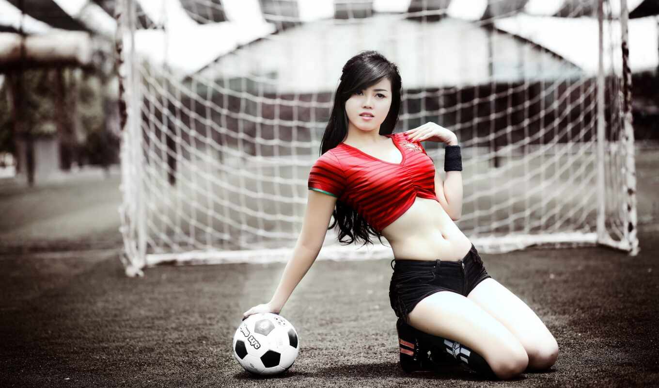 девушка, женщина, картинка, модель, asian, найти, мяч, soccer, sit, leg, тыс