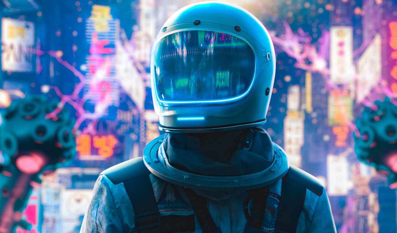 город, neon, астронавт