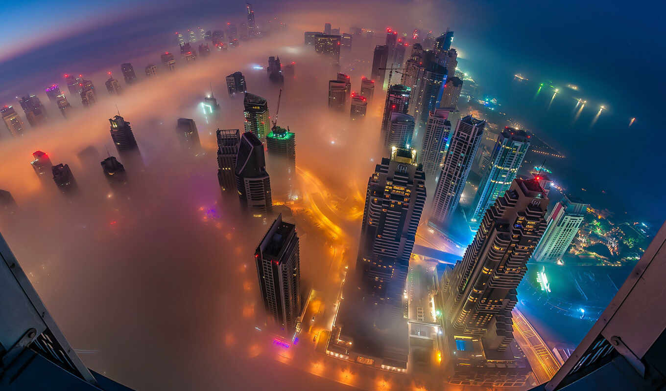 взгляд, город, ночь, огни, арабский, небоскрёб, mist, dubai, unite, emirat