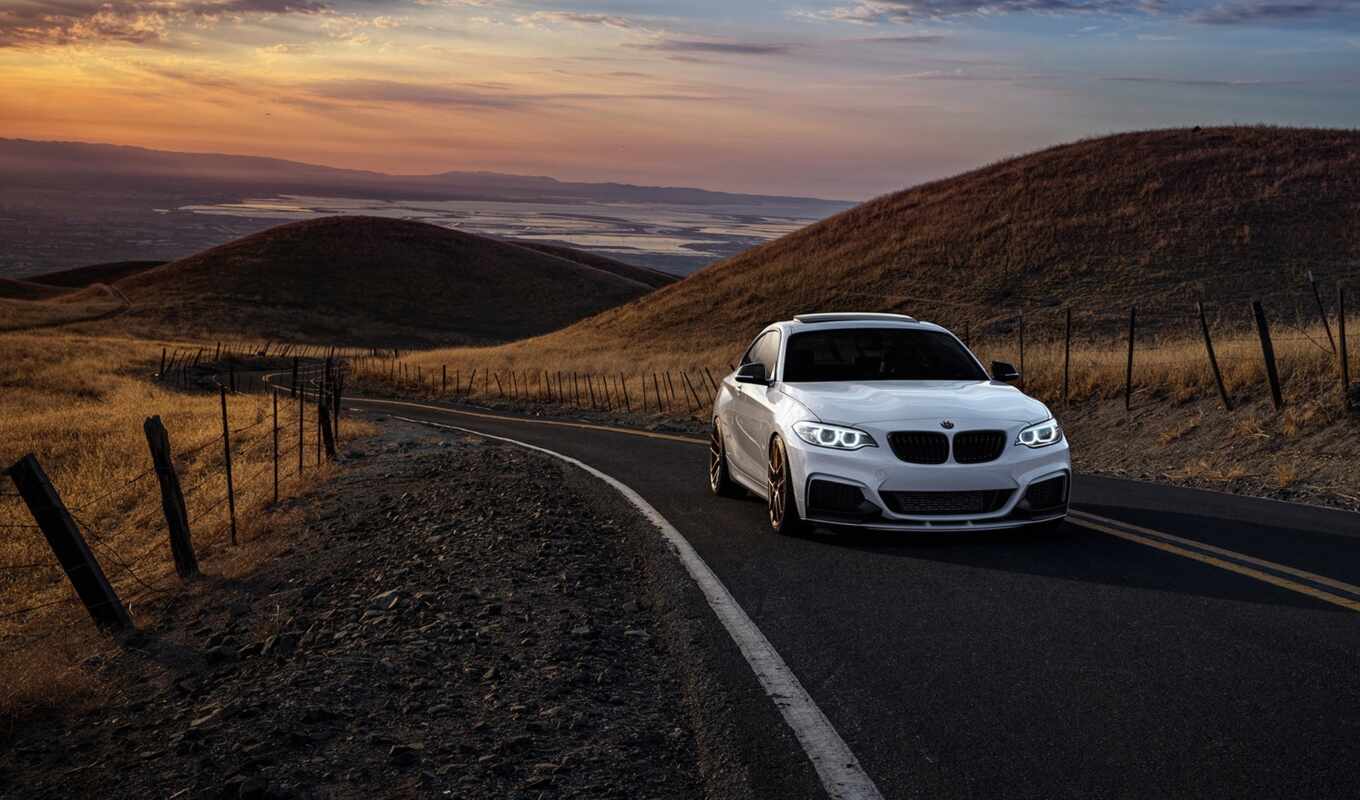 white, закат, дорога, car, hill