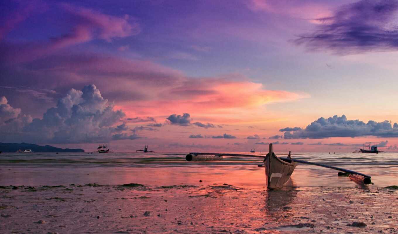 Photo, sunset, landscape, coast, island, a boat, ocean, filipinos, filipinos