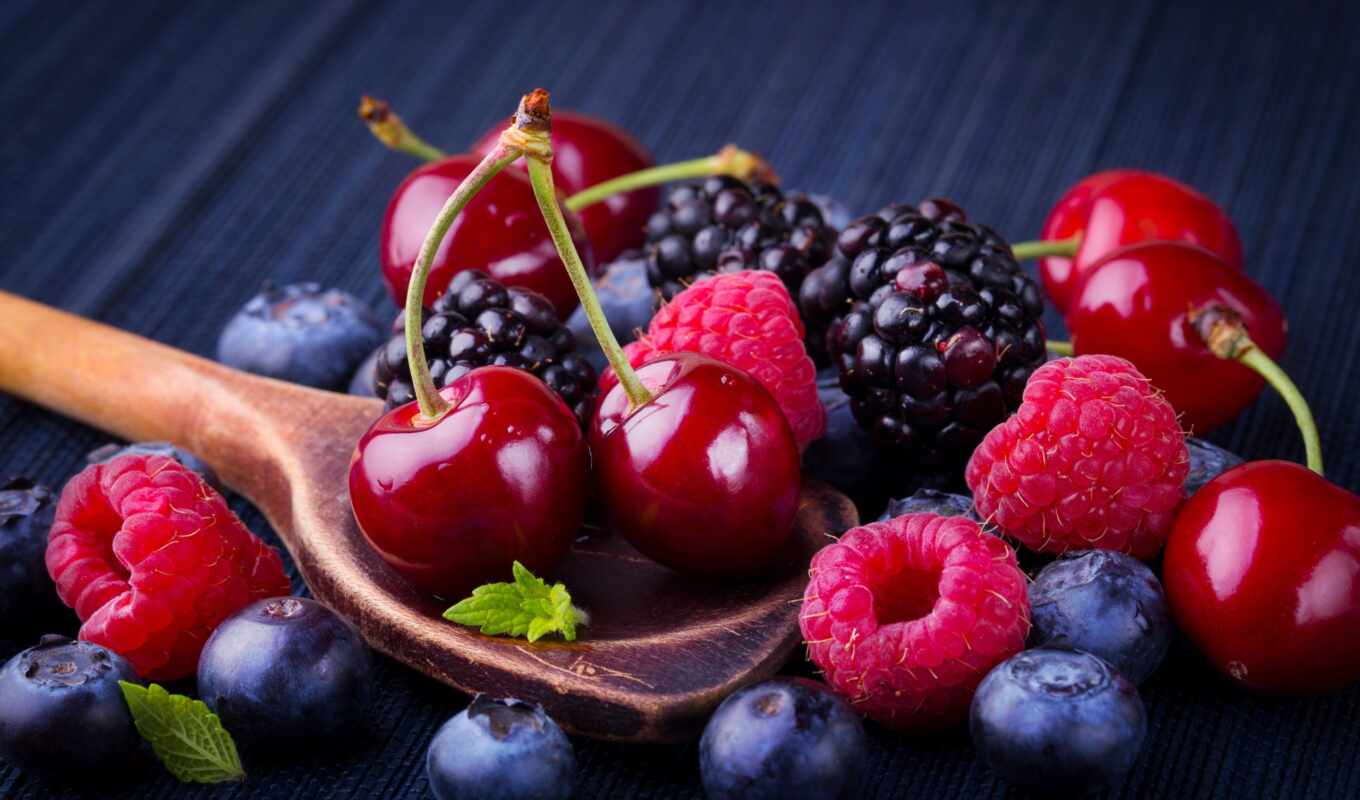 spoon, cherry, raspberry, blackberry, berries