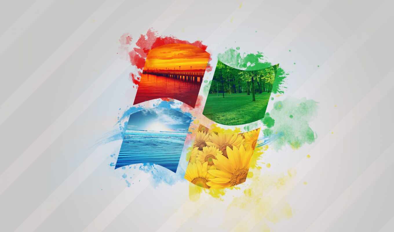 windows, logo, blue, white, red, green, sea, flowers, forest, yellow, bridge