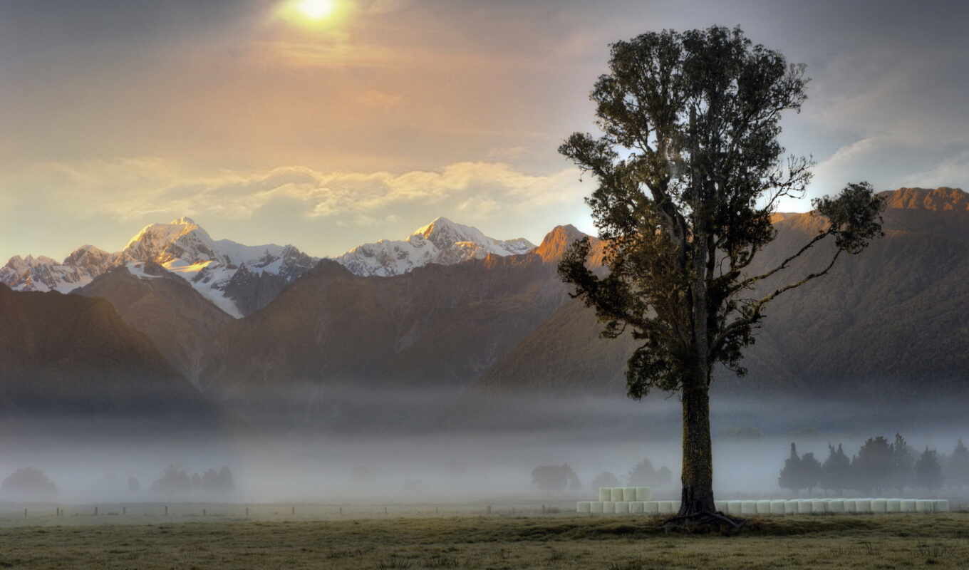 nature, sky, a computer, landscape, morning, wallpaper, mountains, fog, mist