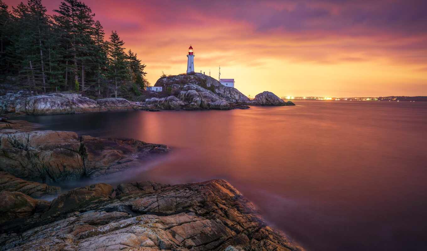 sunset, sea, coast, lighthouse, coast, park, Vancouver, pazlyi