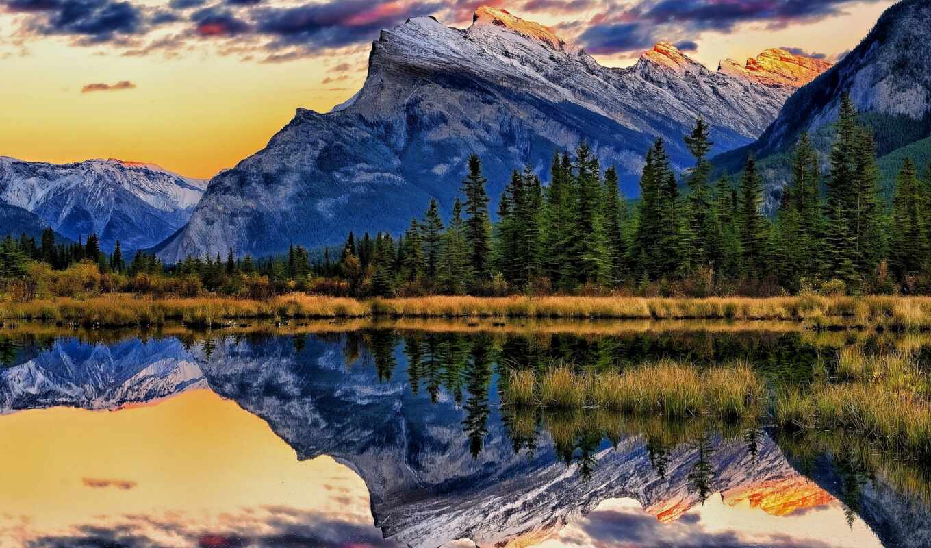 озеро, центральный, канада, альберта, park, national, mount, banff, rundle