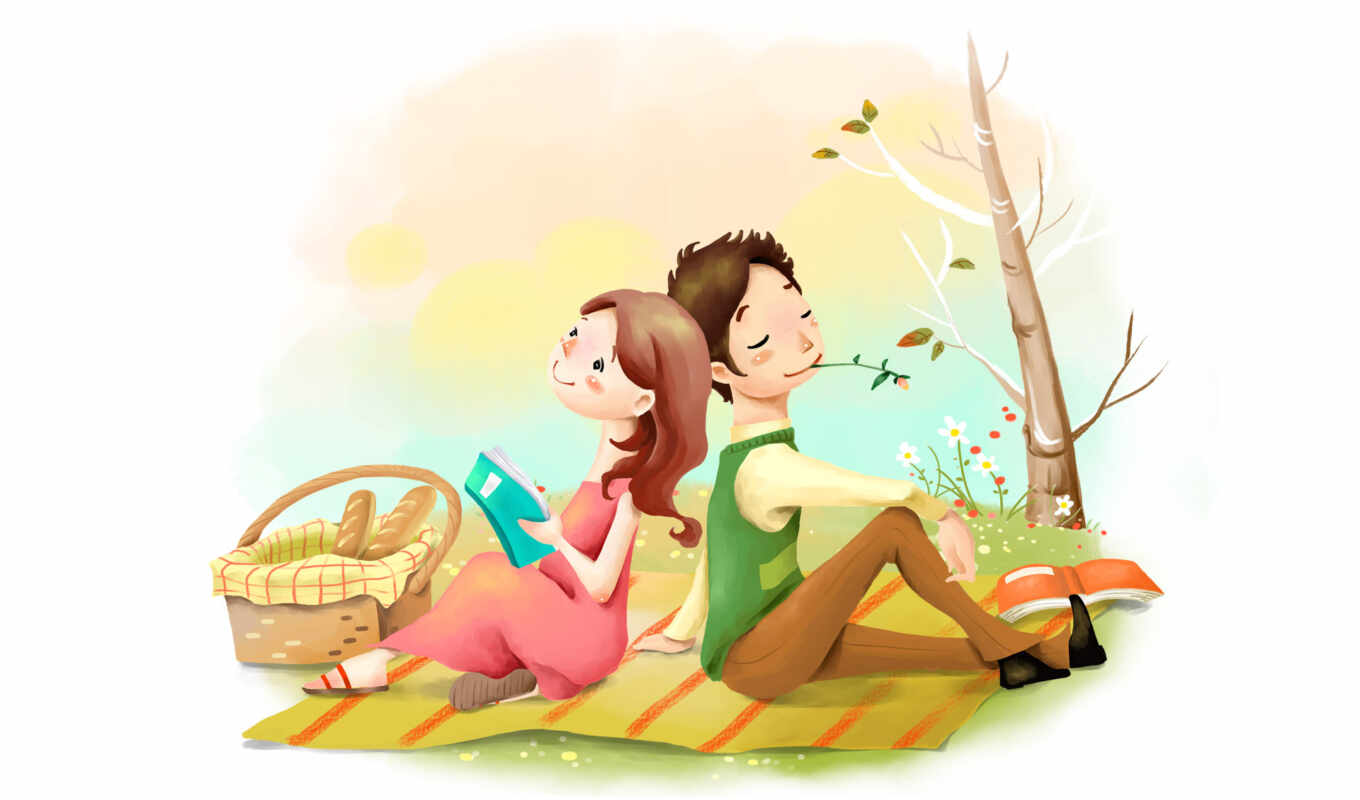 book, tree, him and her, basket, covered, baton