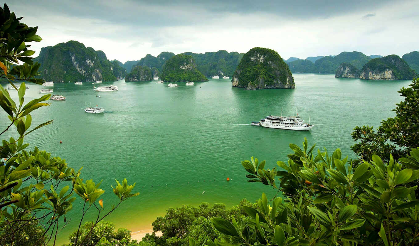 nature, ship, landscape, sea, island, trees, bay, vegetation, vietnam, 2000