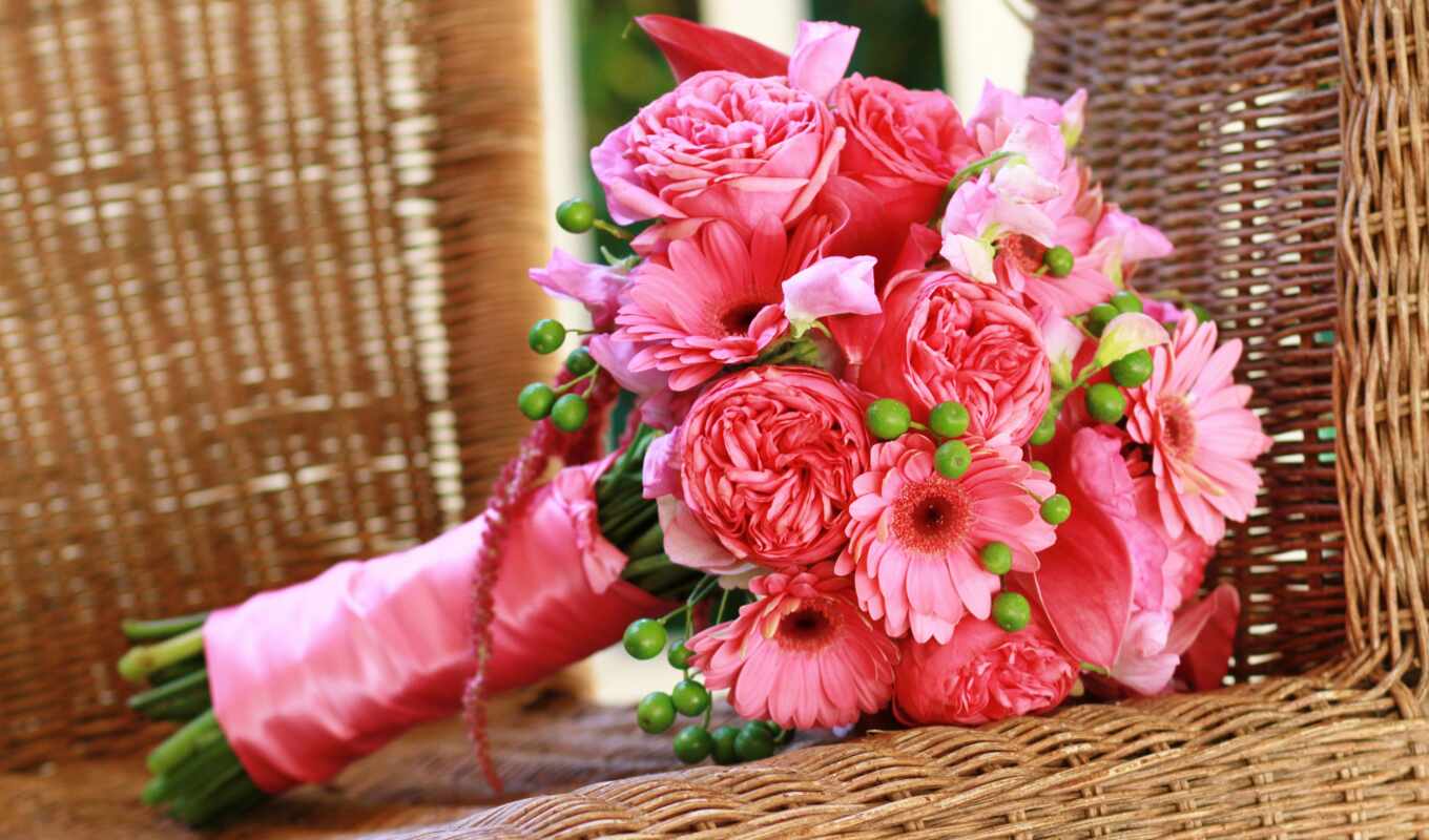 цветы, зелёный, time, ecran, fond, розовый, букет, fleur, rununculus, wed