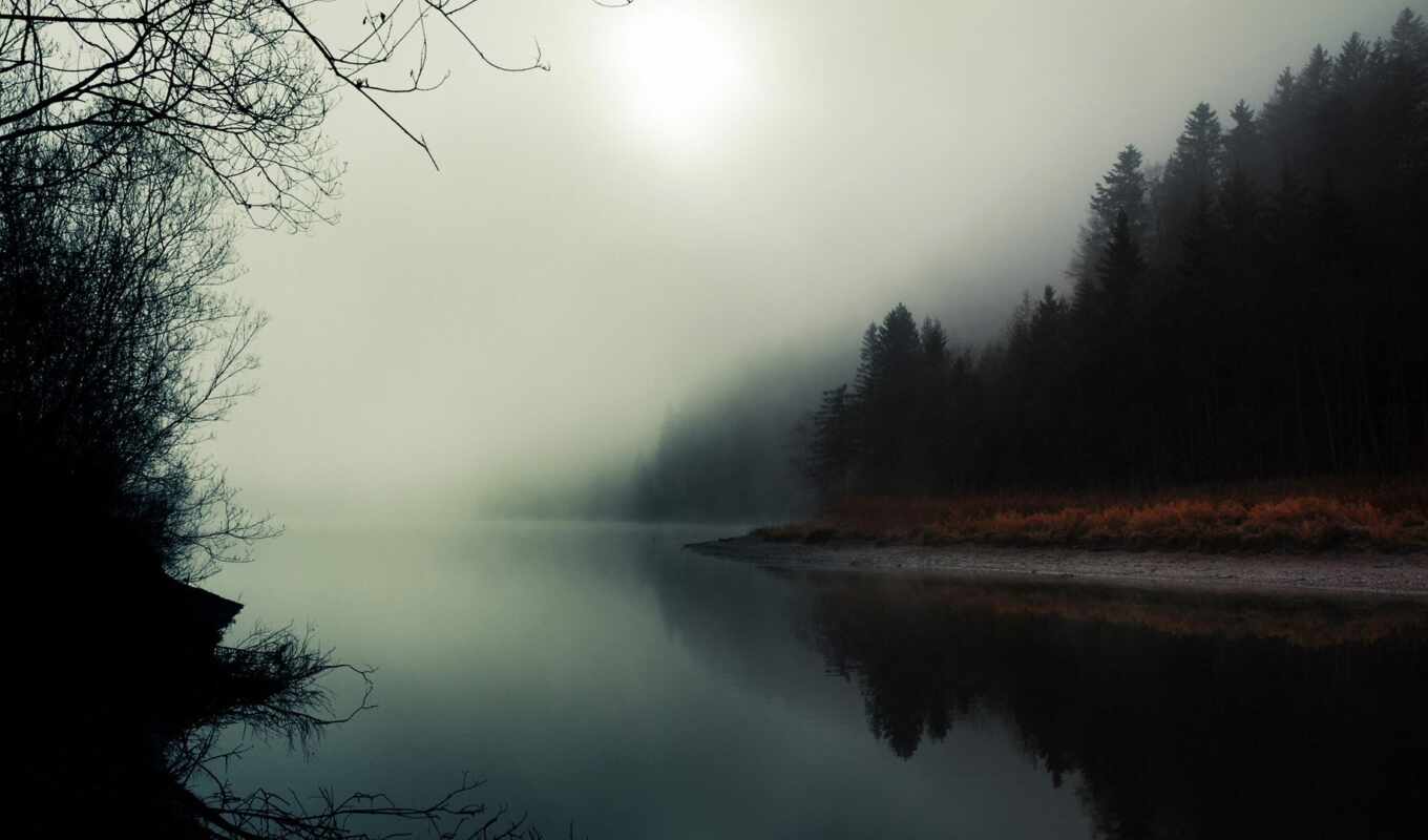 природа, лес, вечер, осень, облако, река, туман, отражение, among, flash, late
