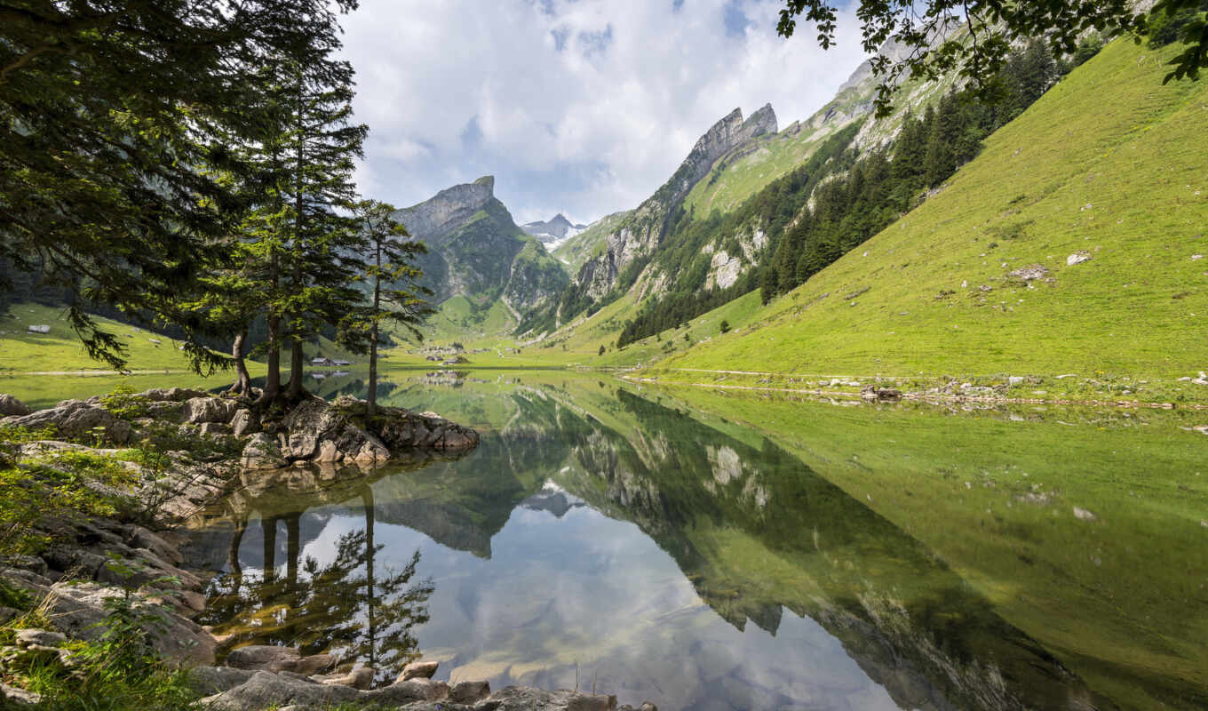 lake, sky, summer, forest, mountain, the alps, mountains, seealpsee, mm
