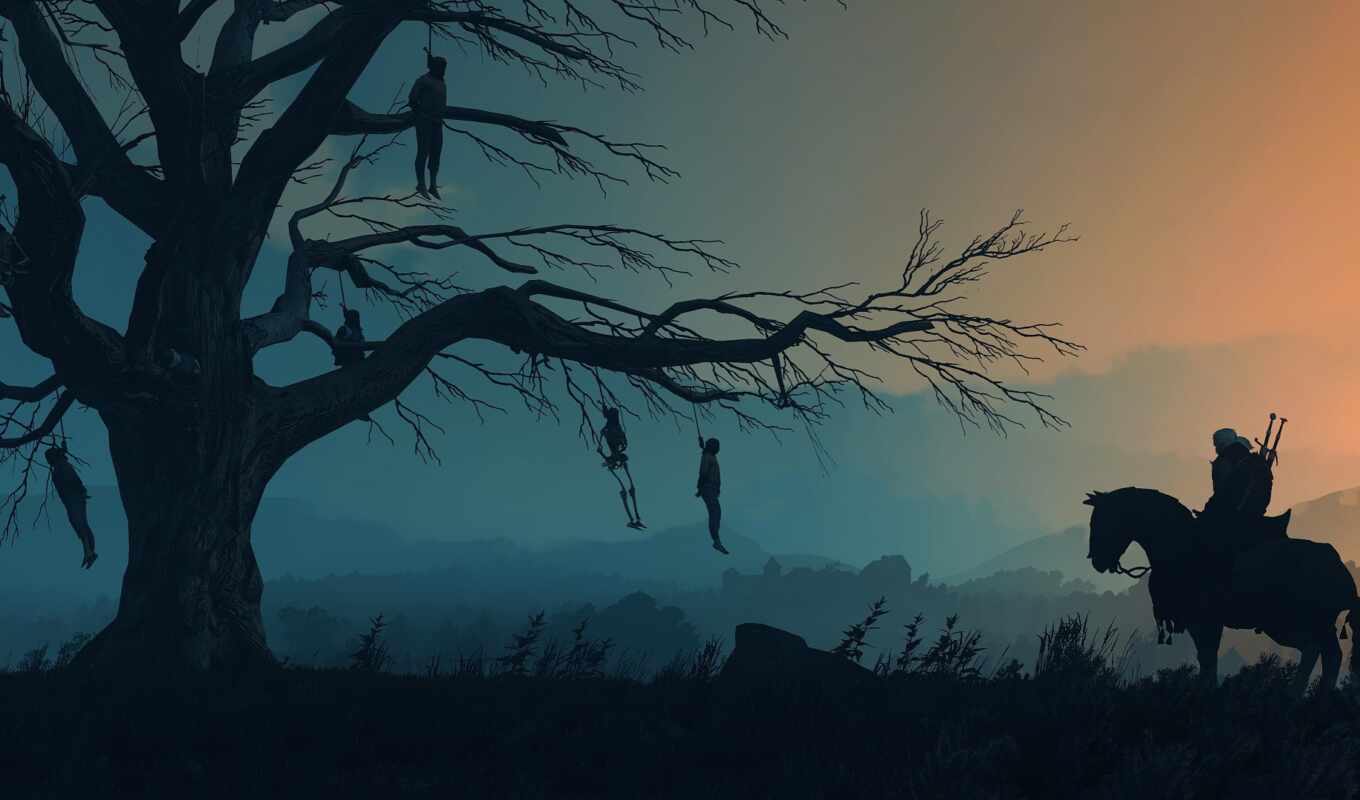 game, tree, horse, evening, wild, witch, a shadow, hunt, the witcher