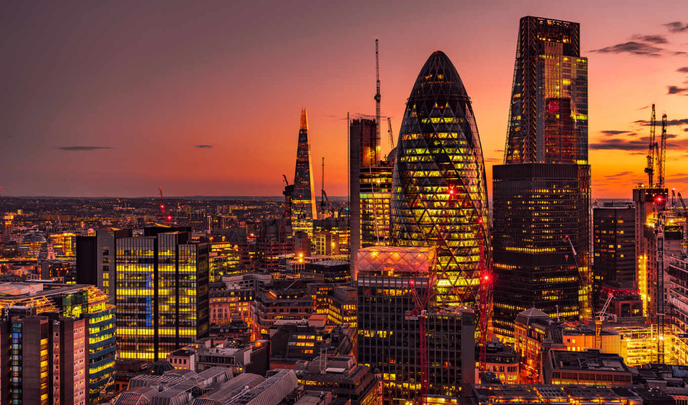 закат, город, london, панорама, небоскрёба