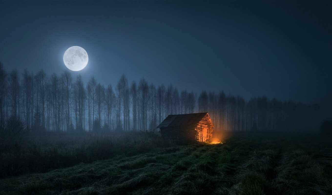 house, tree, night, moon, field, fire, archive, lonely, cabin