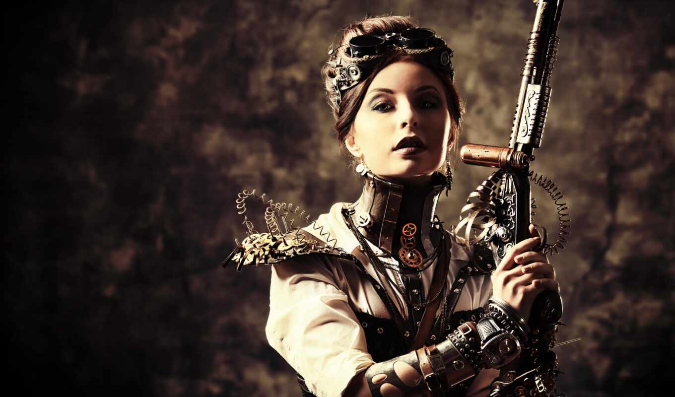 девушка, оружие, красивый, steampunk