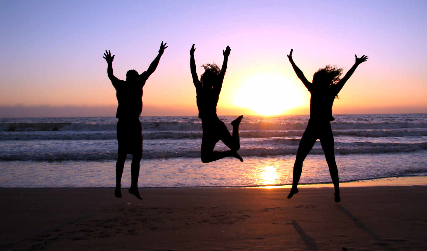 sunset, guy, beach, girls, sea, coast, three, jump, joy