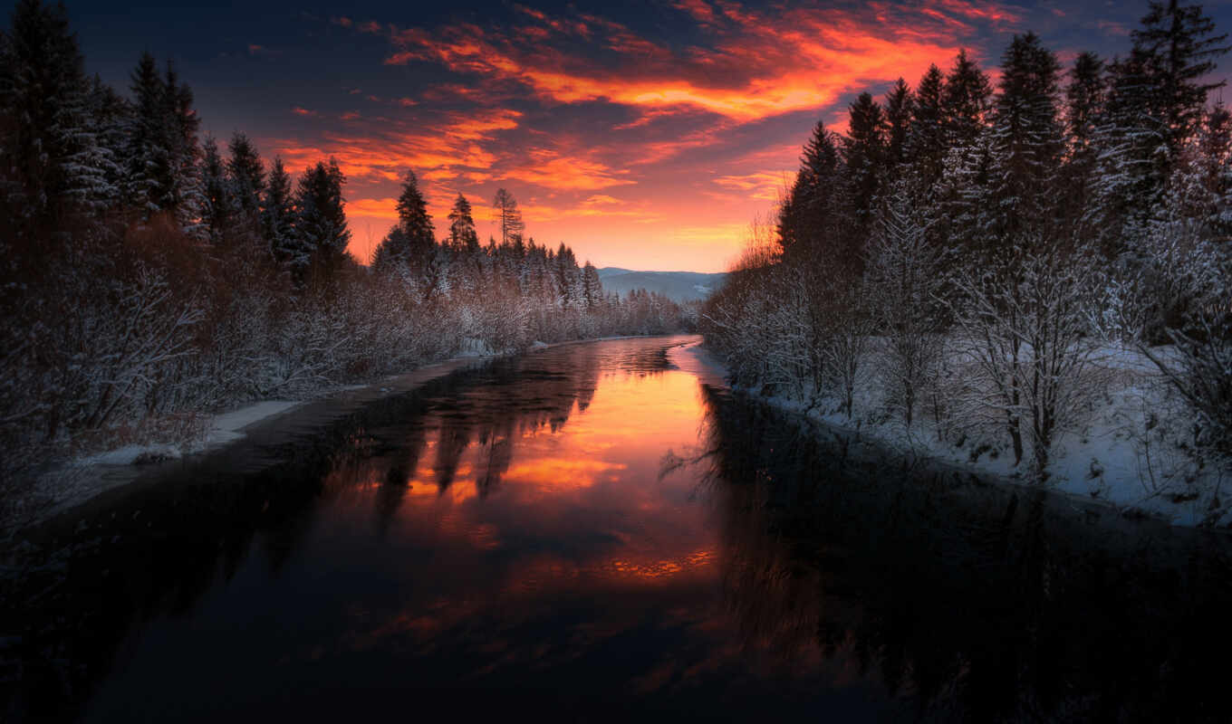 закат, winter, landscape, река