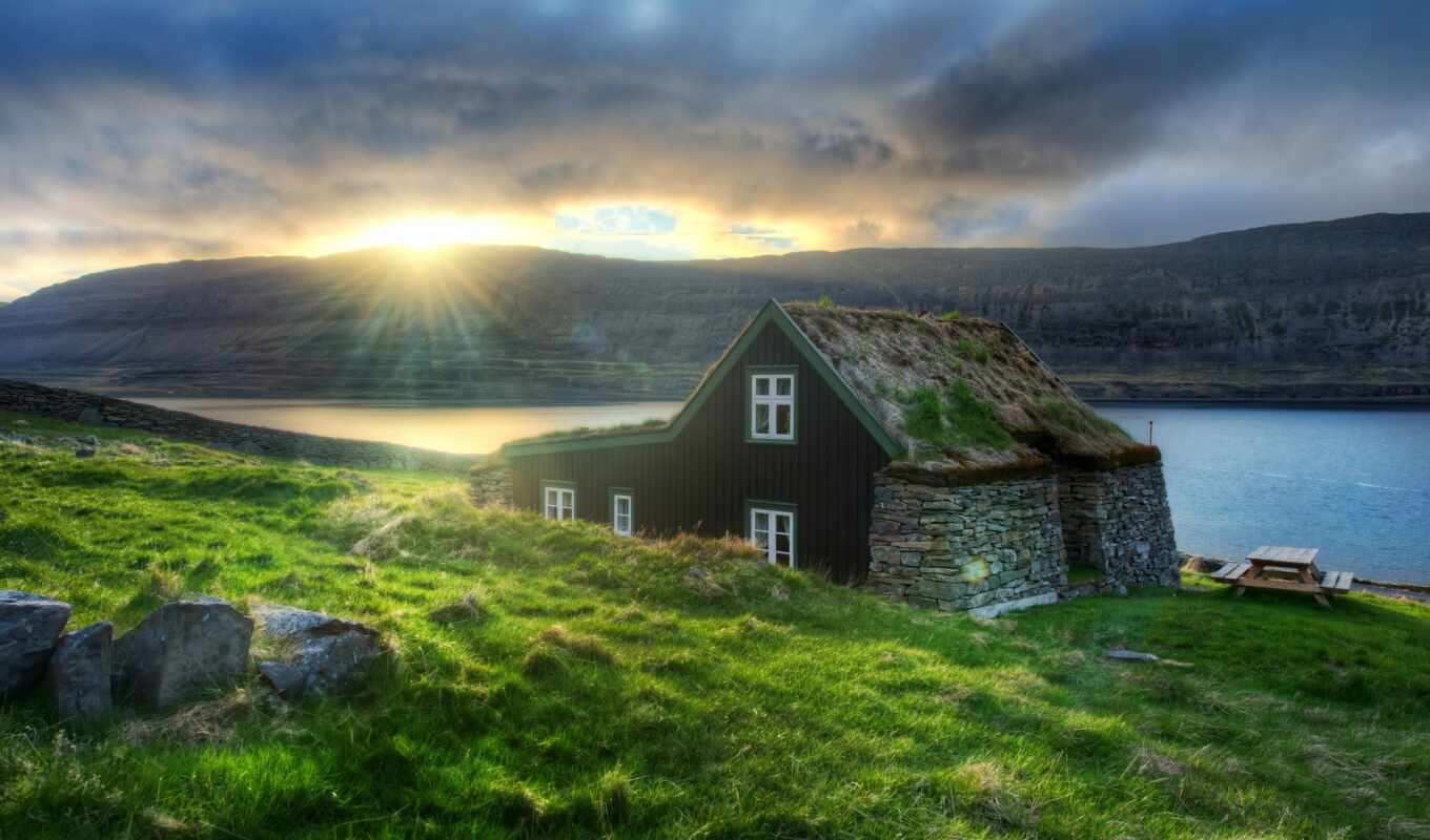озеро, house, sun, закат, утро, iceland, озера, горах, reykjavik, горы