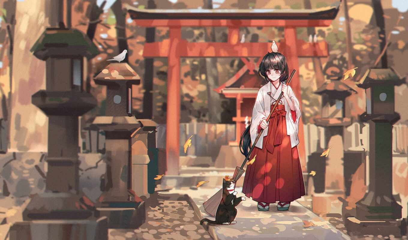 art, девушка, anime, храм, shrine, жрица