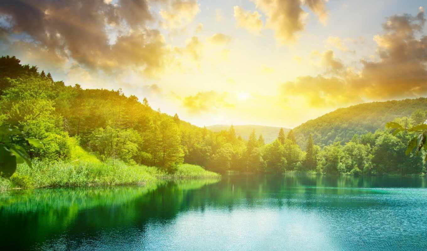 озеро, природа, sun, лес, landscape, солнечный