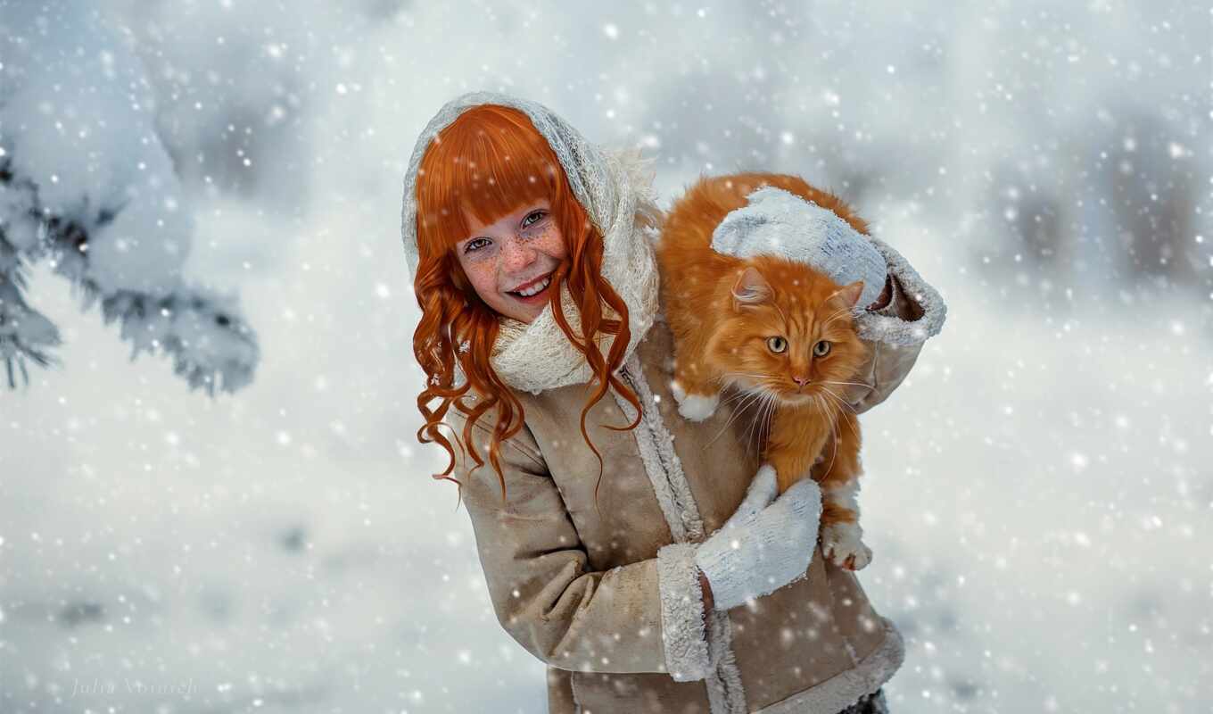 девушка, red, снег, winter, кот, эмоции, смех