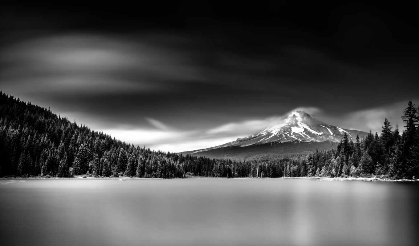 lake, nature, sky, black, white, mountain, cloud, hood, mount