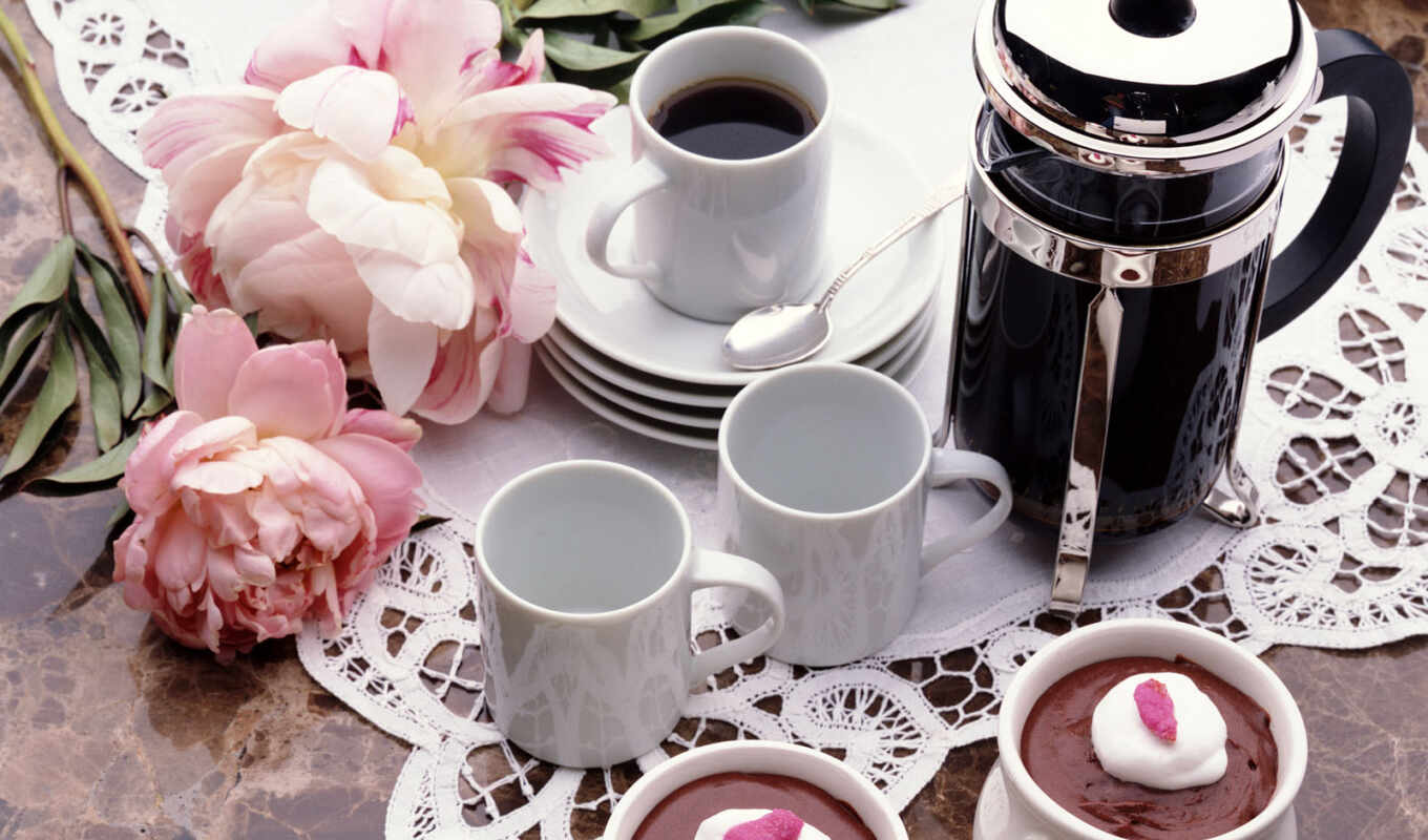 цветы, еда, coffee, столик, cup, чая, напиток, give, etiquette