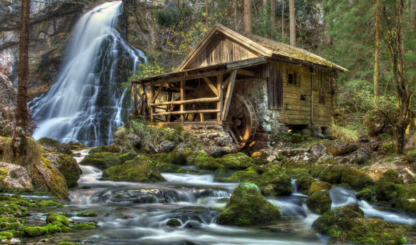 pictures, background, pinterest, screen, ro, cabin, water, waterfall, landscape, mill