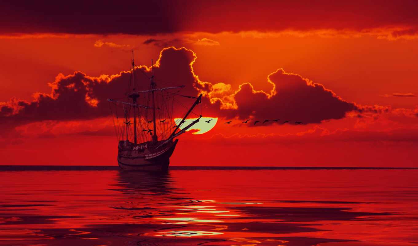 закат, корабль, море, ecran, fond, мер, rouge, navire, ciel, nuage, voile