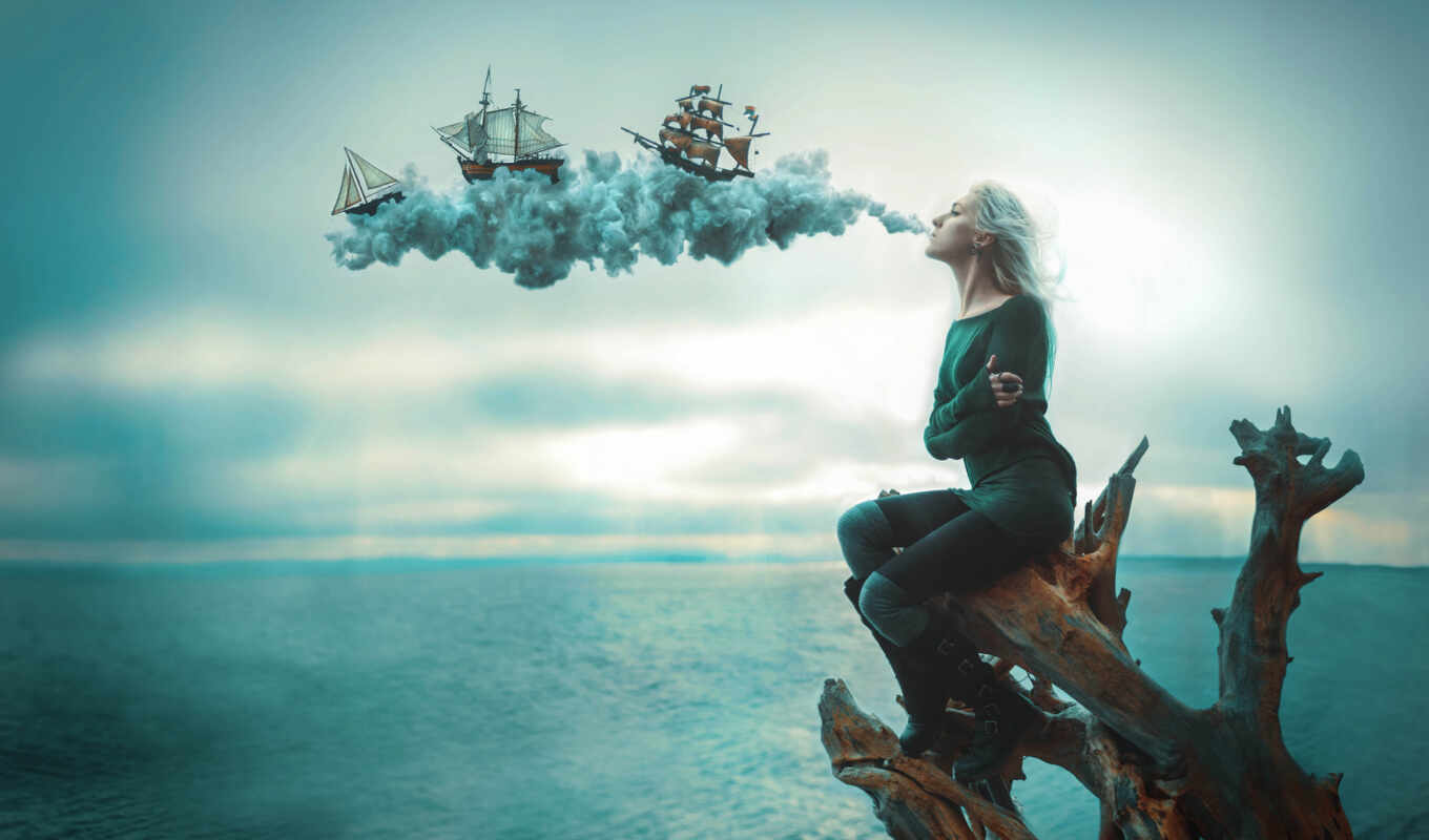 art, girl, page, smoke, sea, photoshop, fantasy, ships, sailing, different