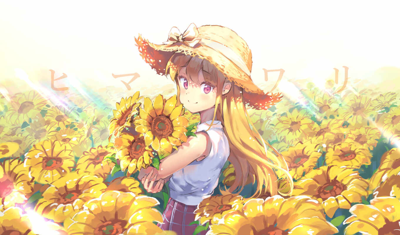 girl, anime, sunflower