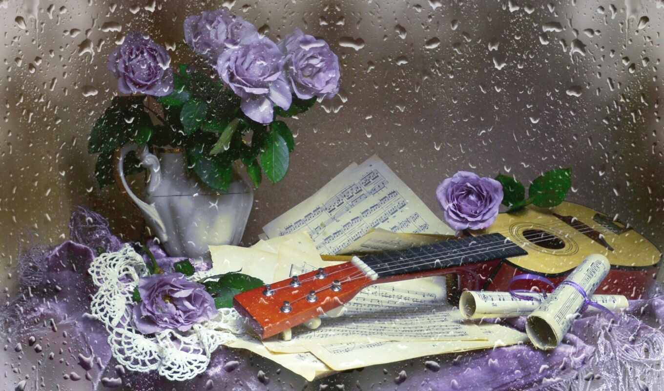 цветы, роза, гитара, нота, музы, инструмент