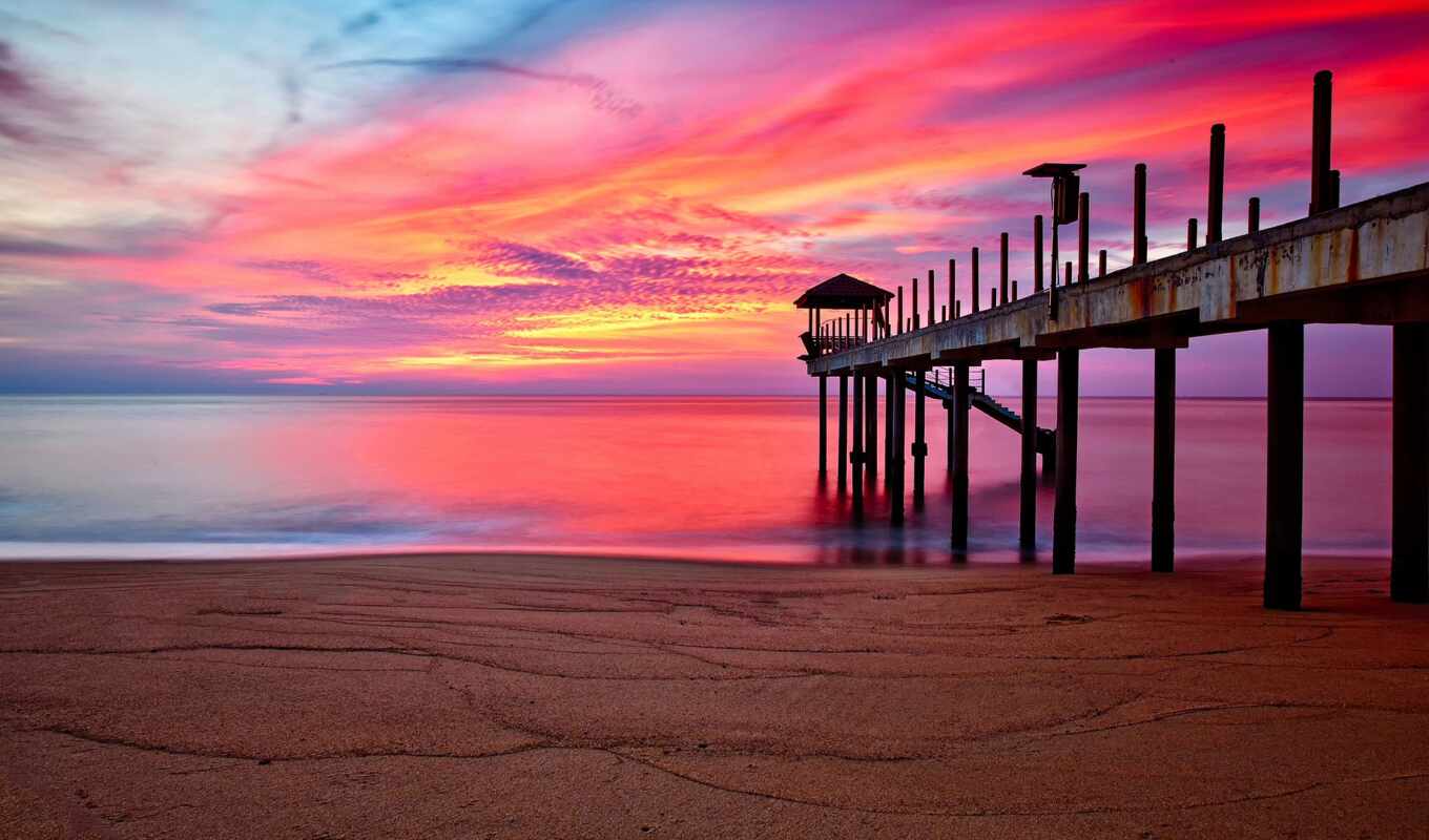 sunset, beach, Bridge, pier, ocean