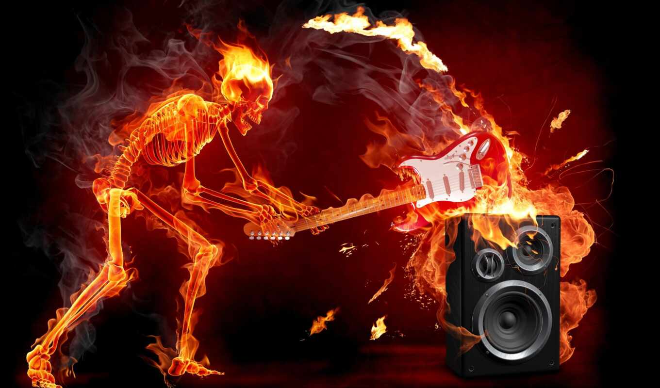 guitar, rock, fire, skeleton