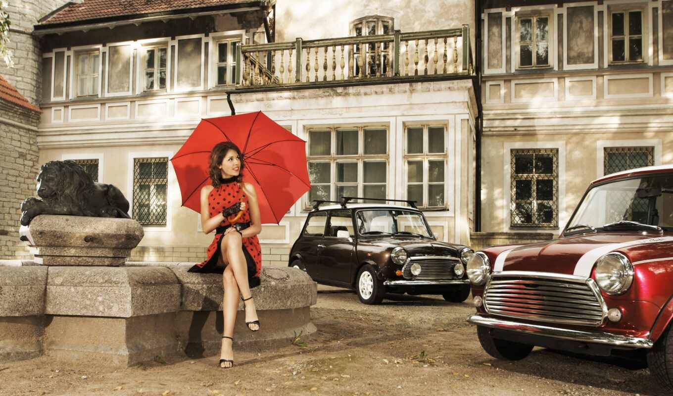 girl, retro, architecture, cars, smile, umbrella, dresses, yard, cars, brown - haired
