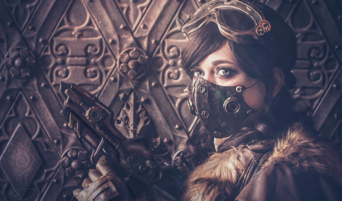 girl, woman, background, gun, steampunk, mask