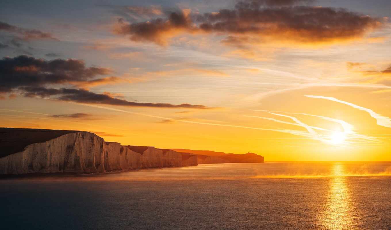 nature, sunset, ocean, seven, cliff, sister, eastbourne