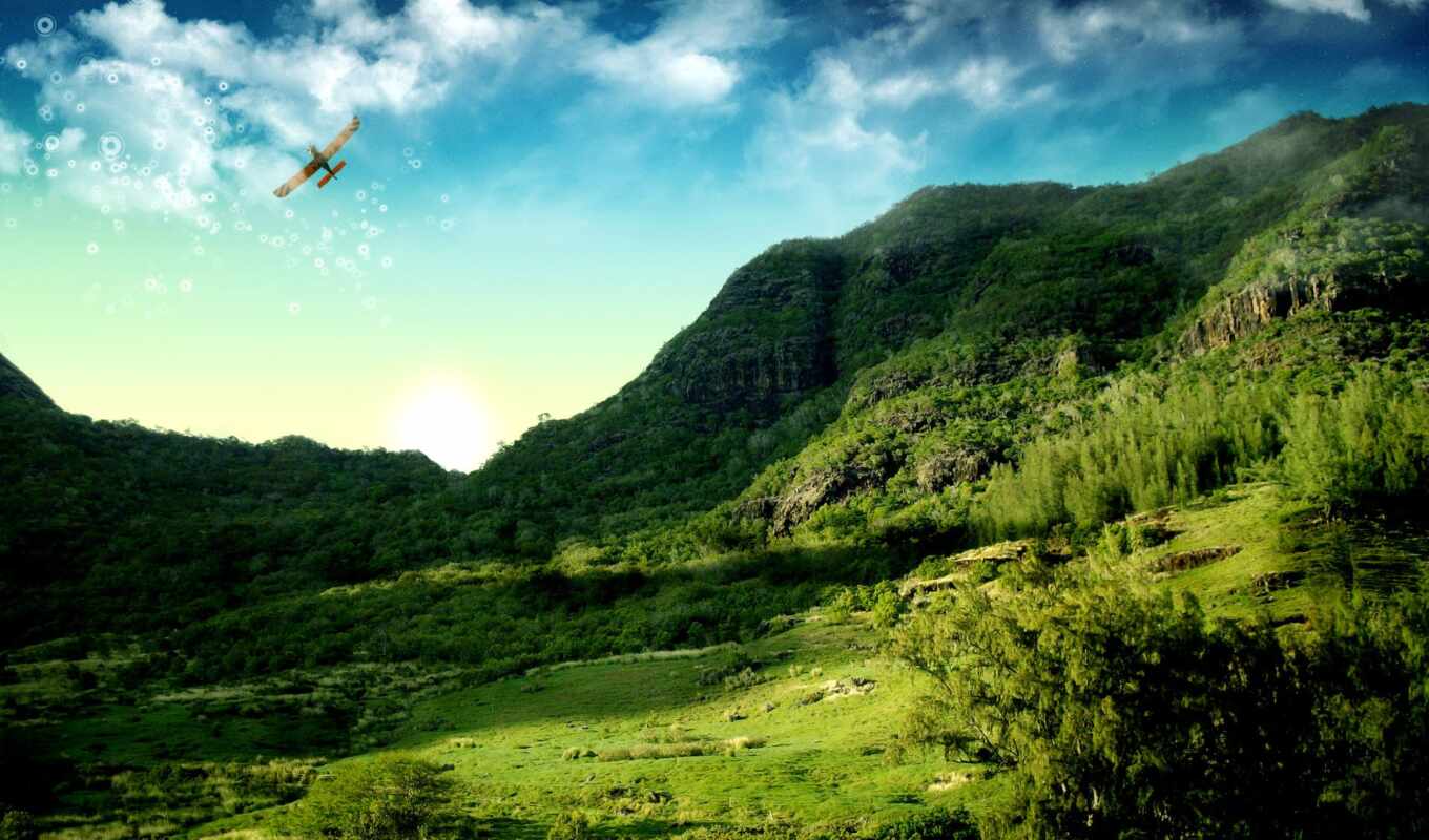 небо, пейзажи -, трава, самолёт, trees, oblaka, кукурузник, горы