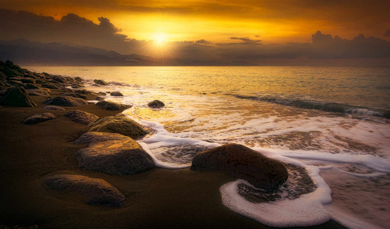 sun, камень, пляж, landscape, море, волна, побережье, skachatoboi