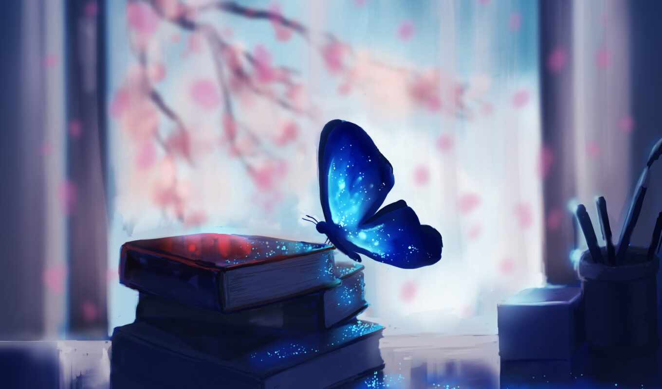 blue, книга, дерево, бабочка, магия, branch, sit, арт, сакур