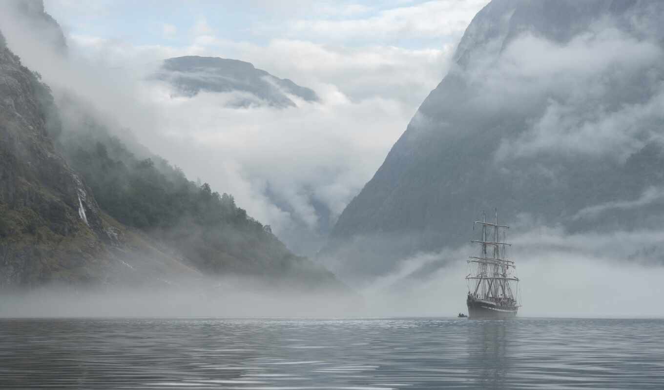 природа, корабль, гора, норвегия