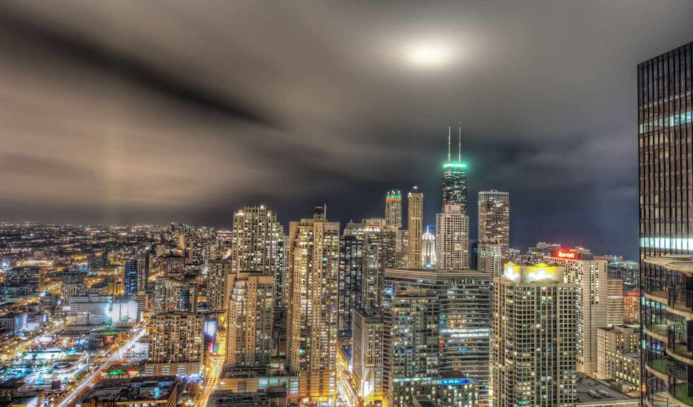 picture, city, night, building, lights, skyscrapers, chicago