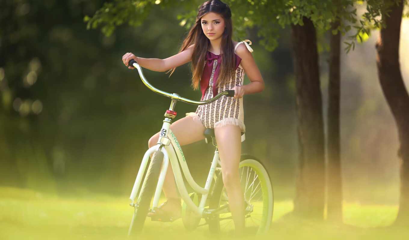 девушка, дерево, little, драйв, side, bike, настроение, велосипед, одеть
